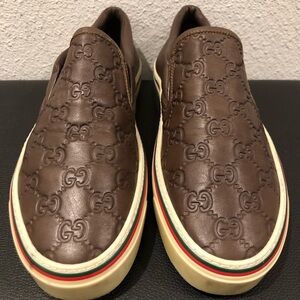 Gucci Embossed Brown Leather GG Slip-On Shoes